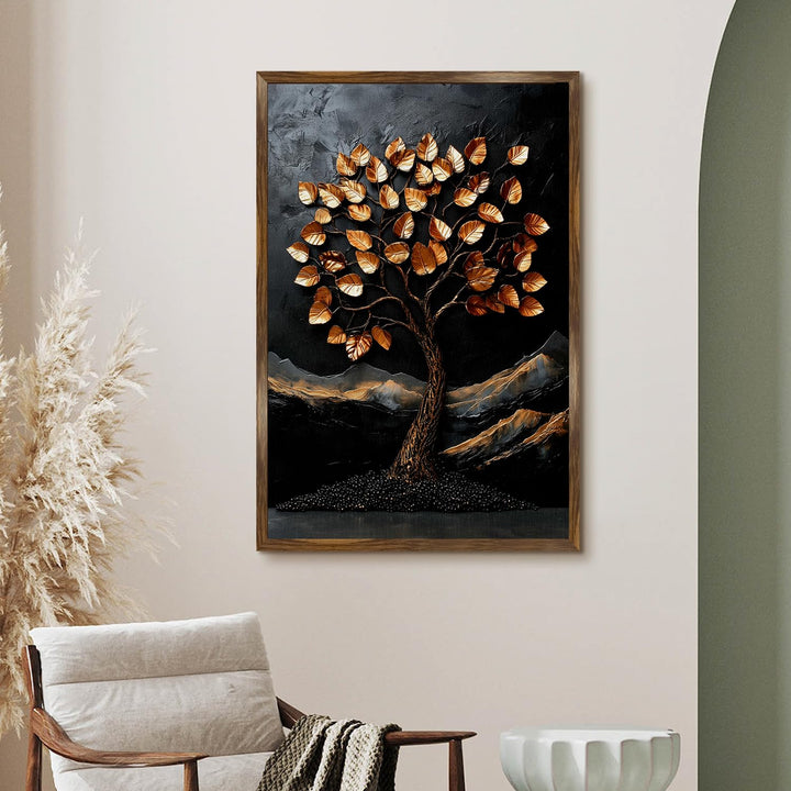 Abstract Golden Lucky Wish tree, HD Canvas Print, Framed, Ready to Hang. (20 In x 30 In) (LWISWA76)
