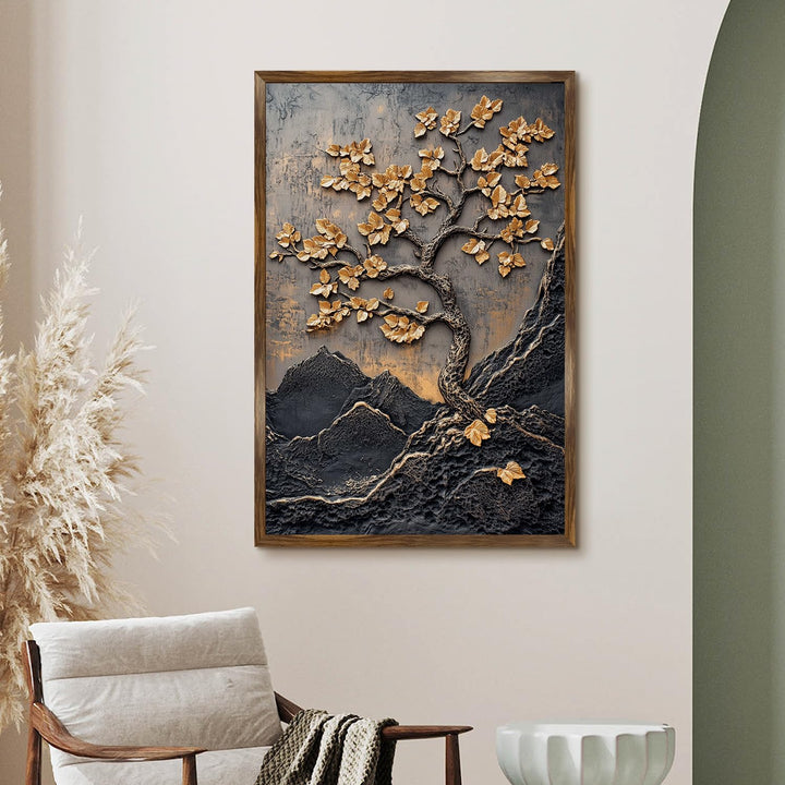 Abstract Golden Lucky Wish tree, HD Canvas Print, Framed, Ready to Hang. (20 In x 30 In) (LWISWA78)