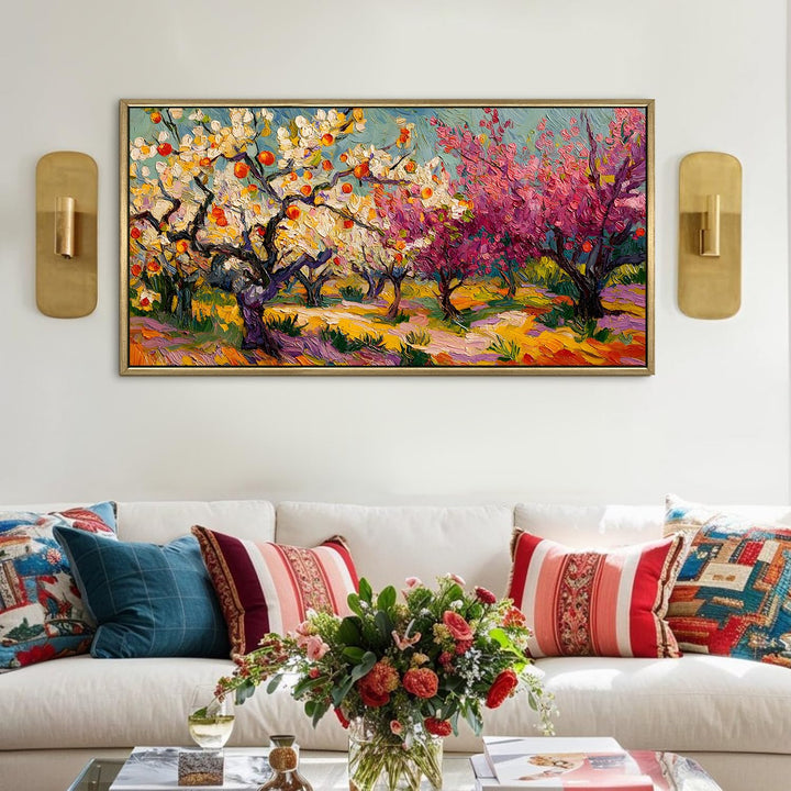 Luxury Floral Landscape Wall Art 24x48 Inch | Golden Floater Frame HD Canvas Print | Ready to Hang (FLOWA037)