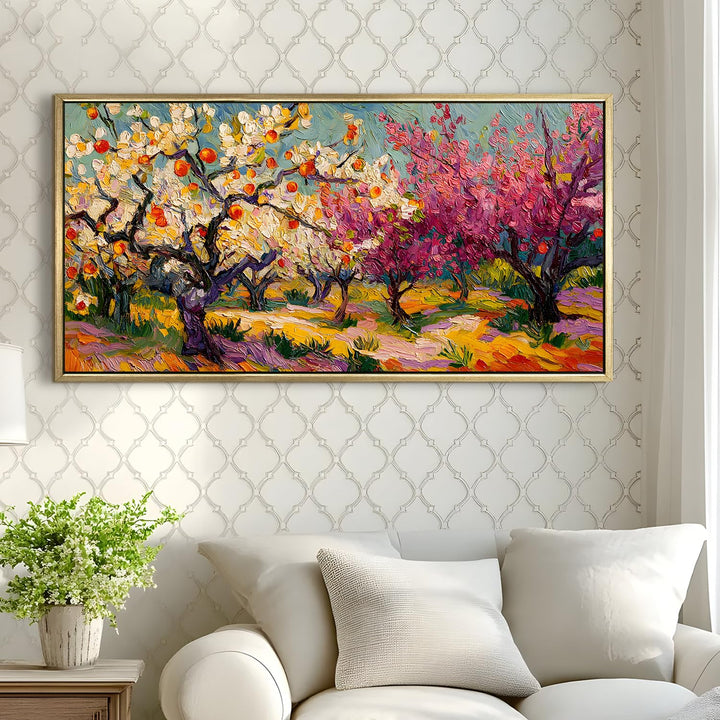 Luxury Floral Landscape Wall Art 24x48 Inch | Golden Floater Frame HD Canvas Print | Ready to Hang (FLOWA037)