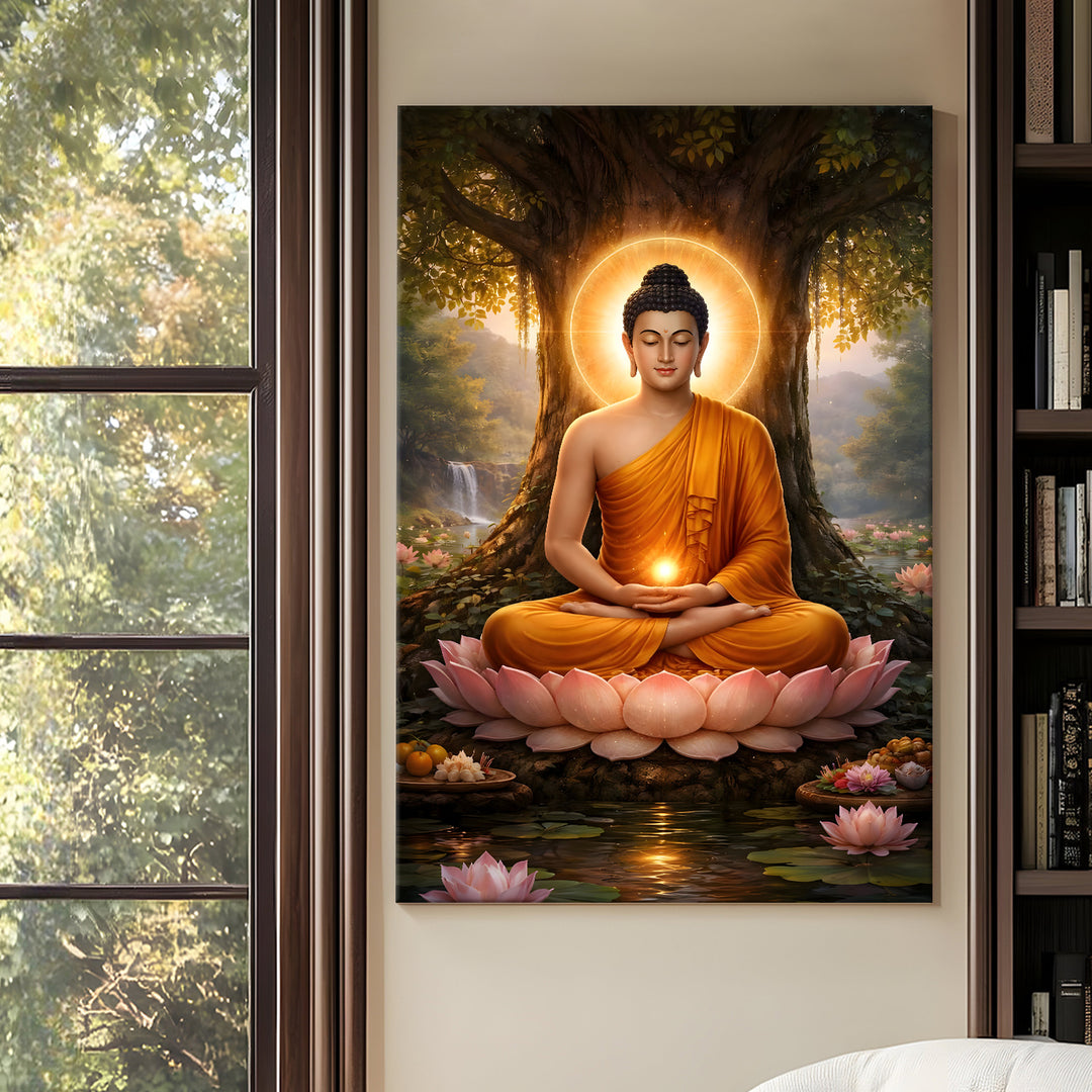 Serene Buddha Meditation Wall Art | HD Canvas Print Gallery Wrap Painting | Ready to Hang | Perfect for Pooja Room & Office Décor | Size: 20x30 Inch (BDWA065)