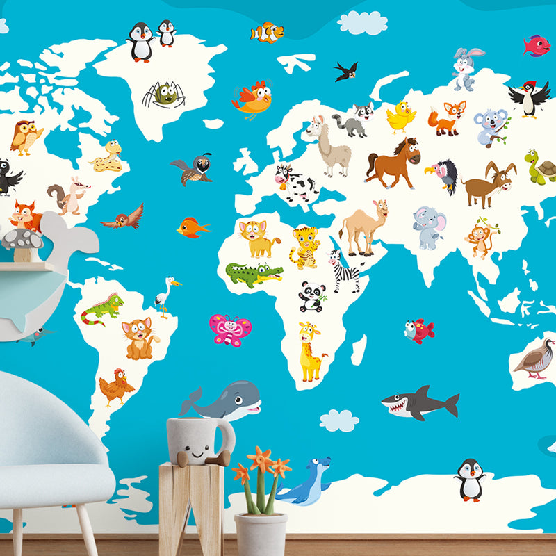 World Map With Cartoon Animals Wallpaper Murals For Nursery kids