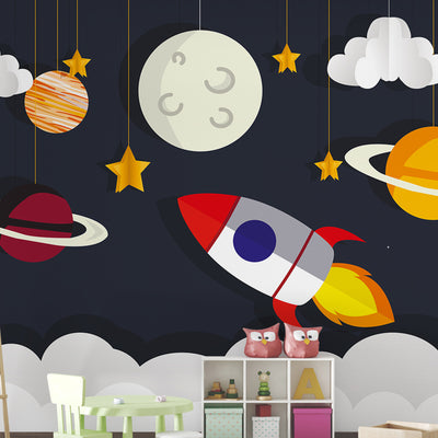 Paper rocket and solar system Wallpaper Mural for kids Room decoration.