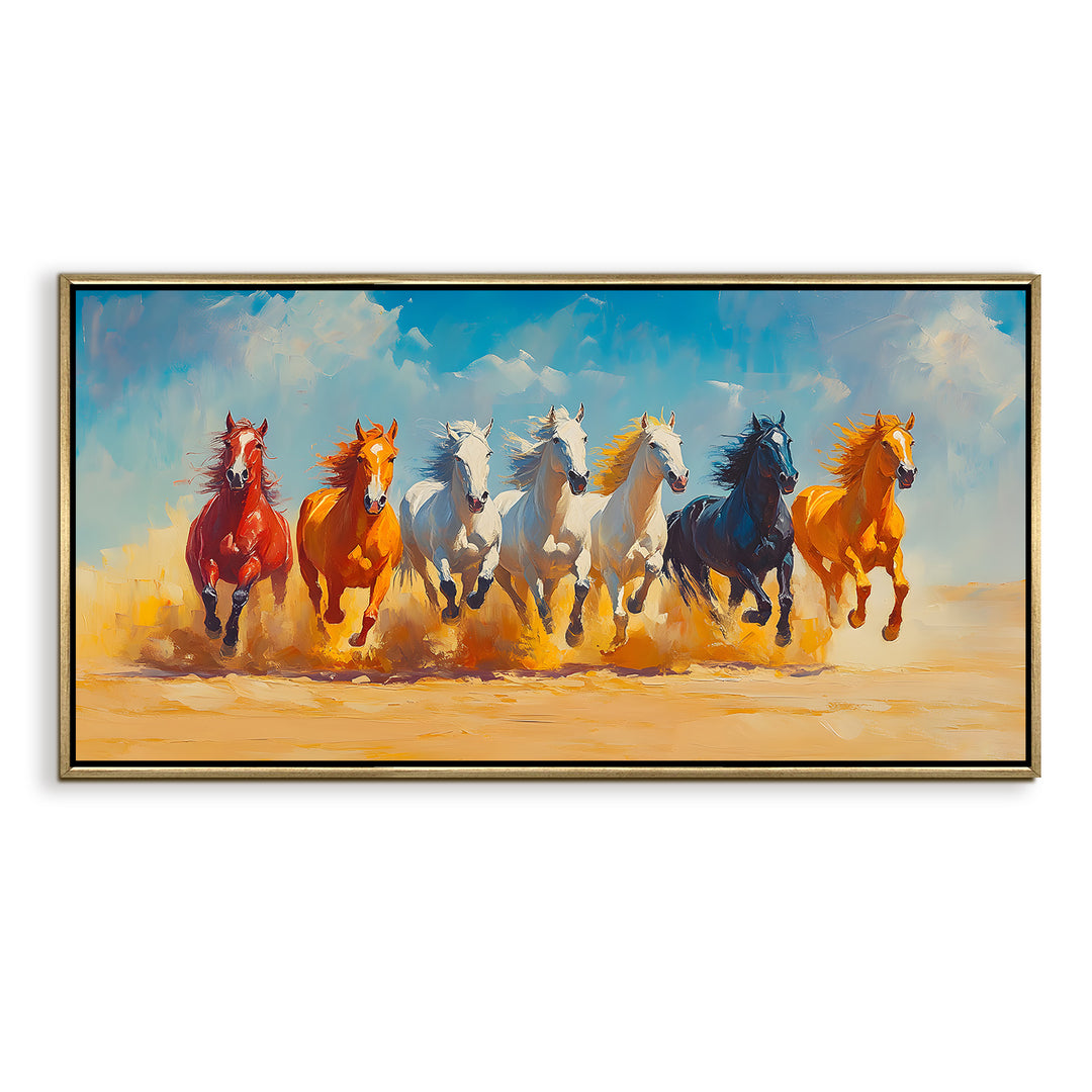 Seven Running Horses Wall Painting – Symbol of Prosperity, Success & Positive Energy | Premium Vastu Artwork for Home & Office Decor | Luxury Golden Floating Frame HD Canvas Print (24 Inch x 48 Inch) (VAWA82)