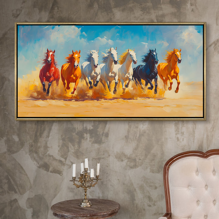 Seven Running Horses Wall Painting – Symbol of Prosperity, Success & Positive Energy | Premium Vastu Artwork for Home & Office Decor | Luxury Golden Floating Frame HD Canvas Print (24 Inch x 48 Inch) (VAWA82)