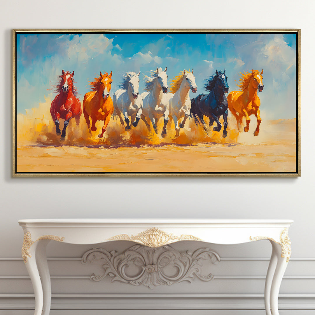 Seven Running Horses Wall Painting – Symbol of Prosperity, Success & Positive Energy | Premium Vastu Artwork for Home & Office Decor | Luxury Golden Floating Frame HD Canvas Print (24 Inch x 48 Inch) (VAWA82)