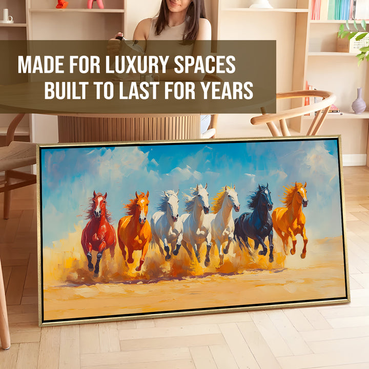 Seven Running Horses Wall Painting – Symbol of Prosperity, Success & Positive Energy | Premium Vastu Artwork for Home & Office Decor | Luxury Golden Floating Frame HD Canvas Print (24 Inch x 48 Inch) (VAWA82)