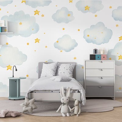 Watercolor Clouds and Stars Wallpaper Mural For kids Room wall decoration