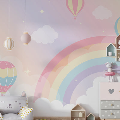 Air Balloon with Rainbow Wallpaper Mural for Kids Room Wall Decoration