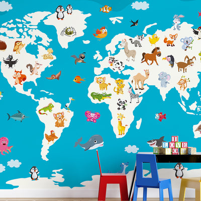 World Map With Cartoon Animals Wallpaper Murals For Nursery kids