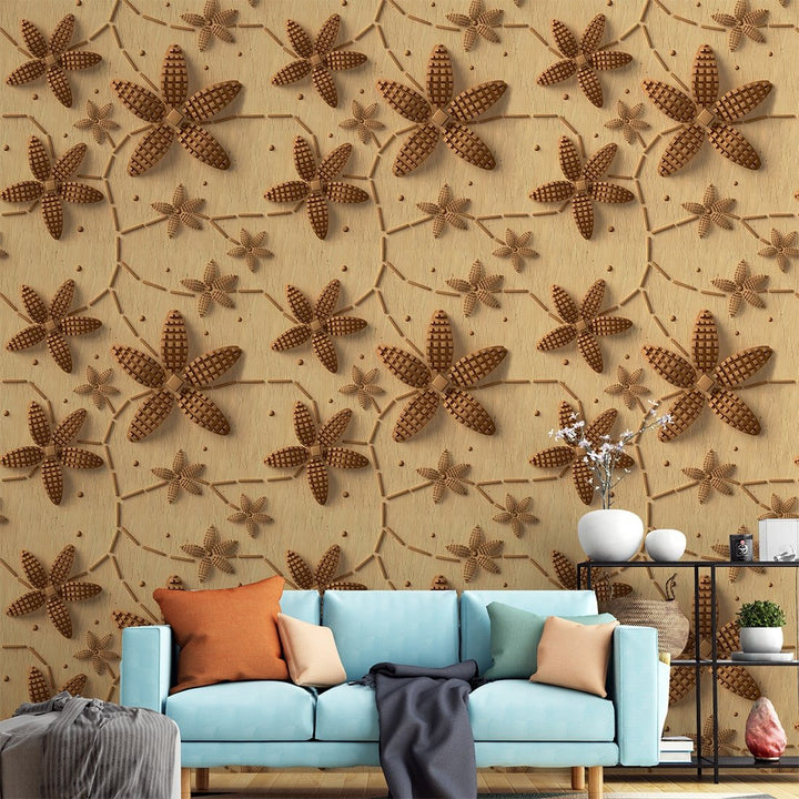 3D Copper flowers Wallpaper in wood colour For Living Room Wall Decoration