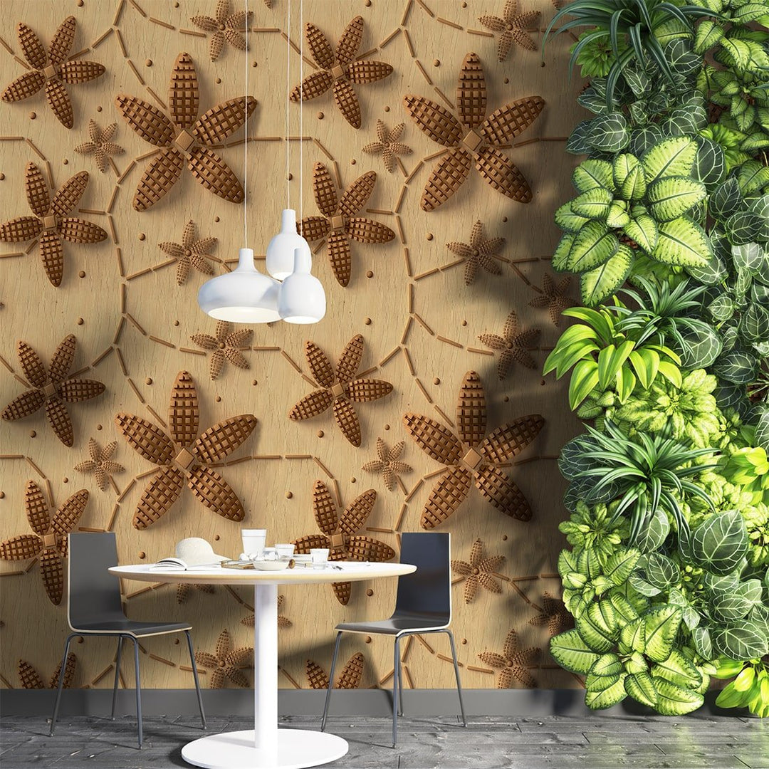 3D Copper flowers Wallpaper in wood colour For Living Room Wall Decoration