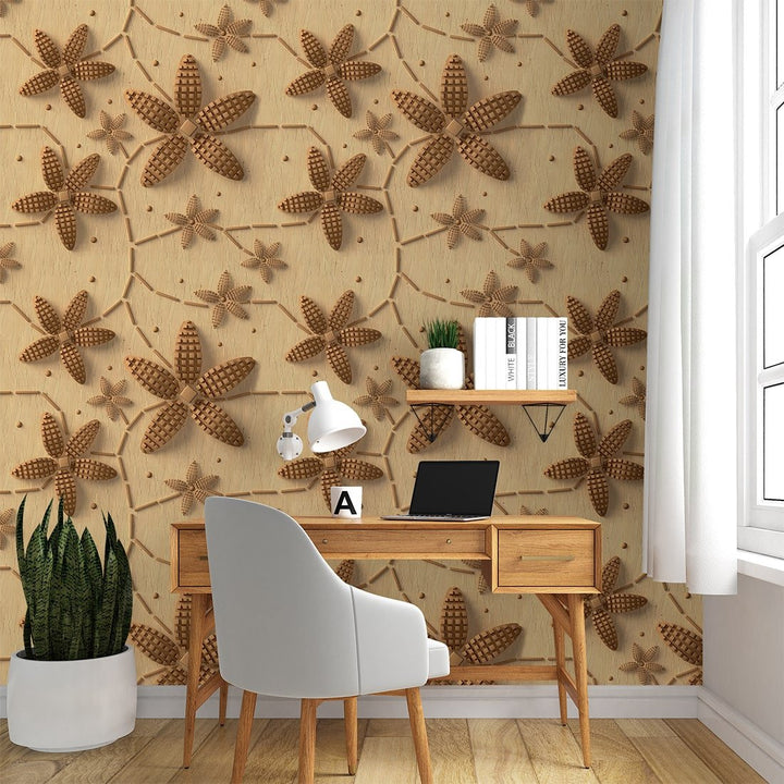 3D Copper flowers Wallpaper in wood colour For Living Room Wall Decoration