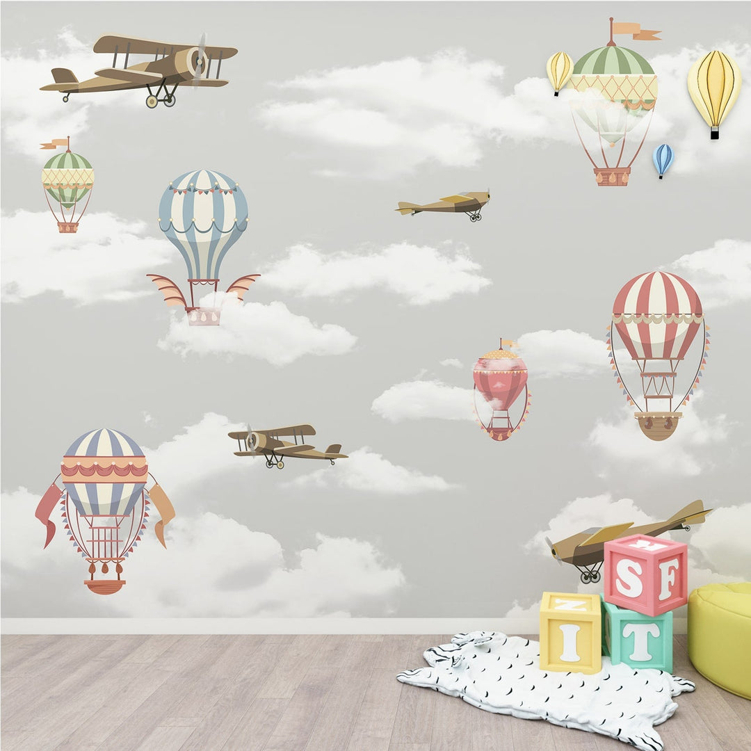 3D Hot Air Balloon Airplane Wallpaper Mural For kids Rooms Decoration.