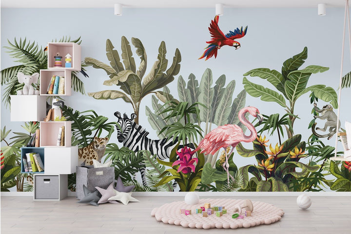 3d Jungle Animals Wallpaper Murals For Kids Room Wall Decoration.