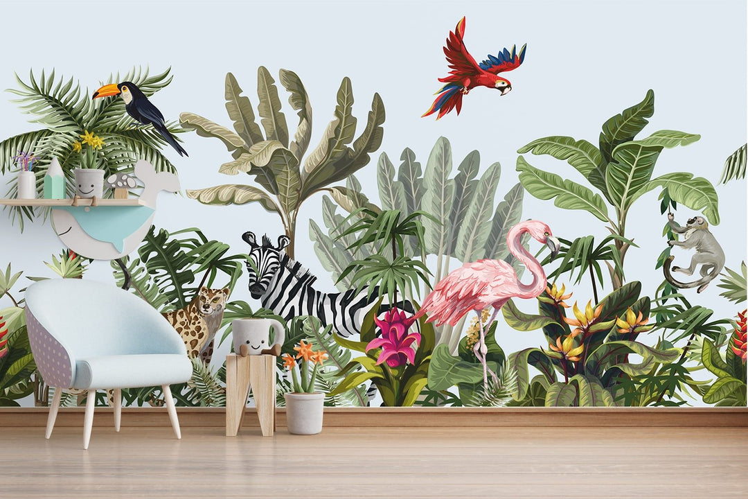 3d Jungle Animals Wallpaper Murals For Kids Room Wall Decoration.