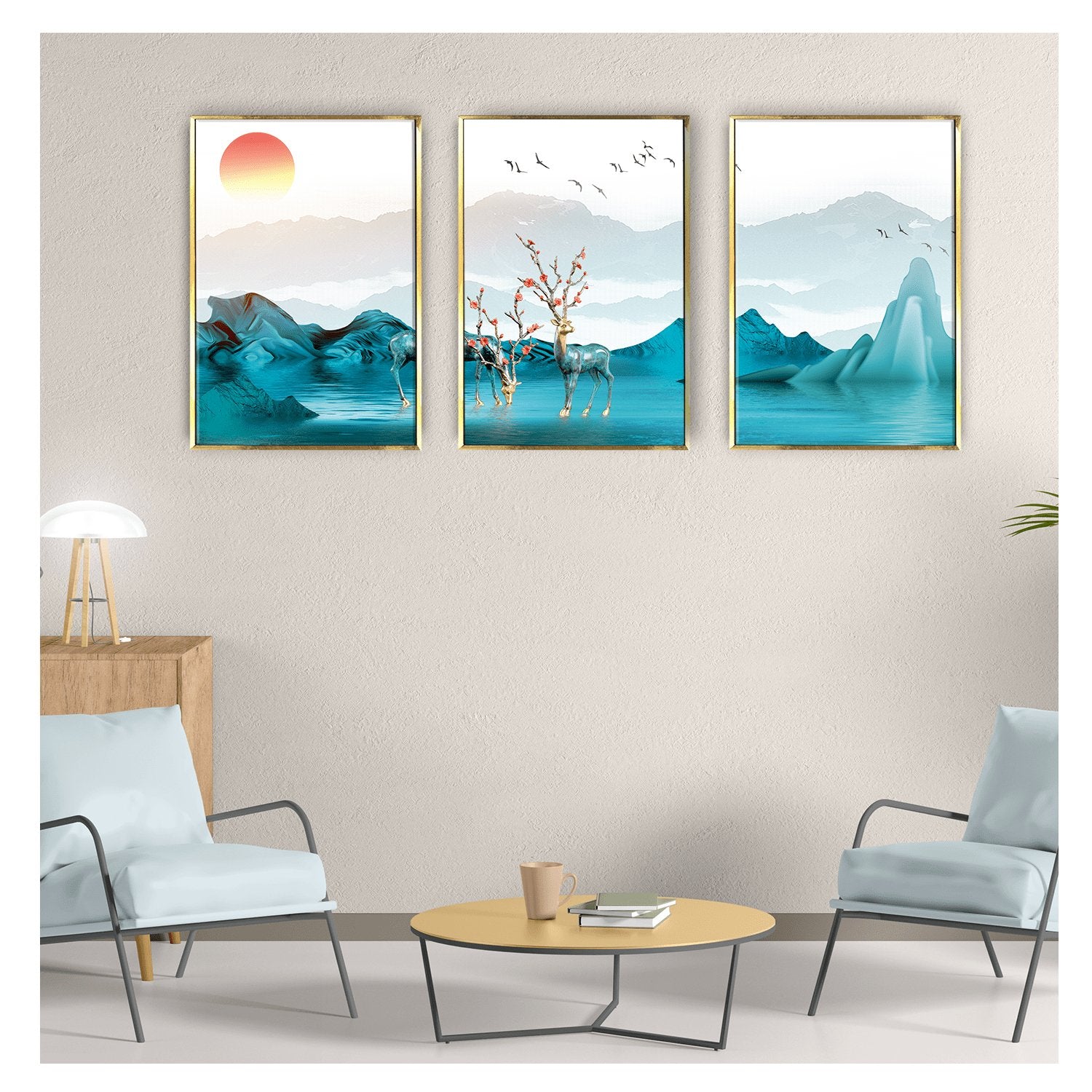 3D Nature Painting with deer, stones and tree Wall art for Living Room wall Decoration