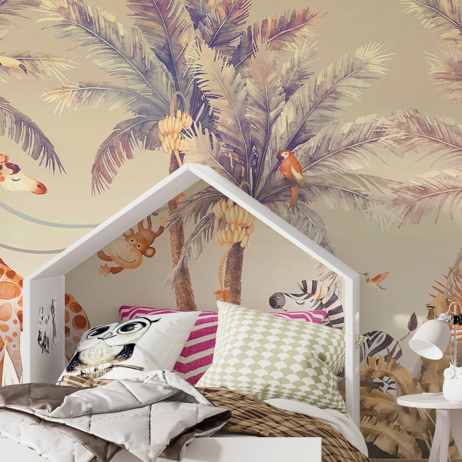 3d wallpaper safari kids giraffe, zebra & Palm trees Animals Tropical wallpaper For Kids Room