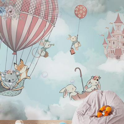 Animals balloon fly Wall Mural For Nursery Kids Room Decoration