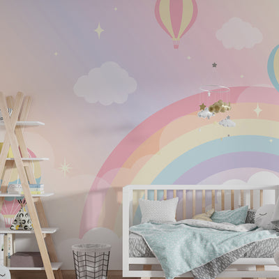 Air Balloon with Rainbow Wallpaper Mural for Kids Room Wall Decoration