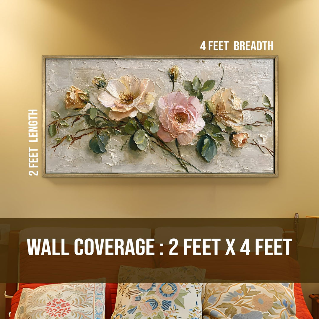 Vintage Rose Floral Wall Art 24x48 Inch | Golden Floater Frame HD Canvas Print | Ready to Hang (FLOWA044)