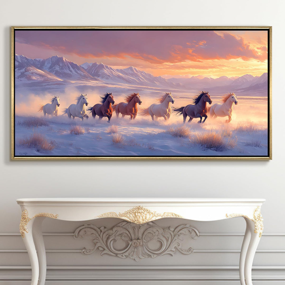 Seven Running Horses Wall Painting – Symbol of Prosperity, Success & Positive Energy | Premium Vastu Artwork for Home & Office Decor | Luxury Golden Floating Frame HD Canvas Print (24 Inch x 48 Inch) (VAWA80)