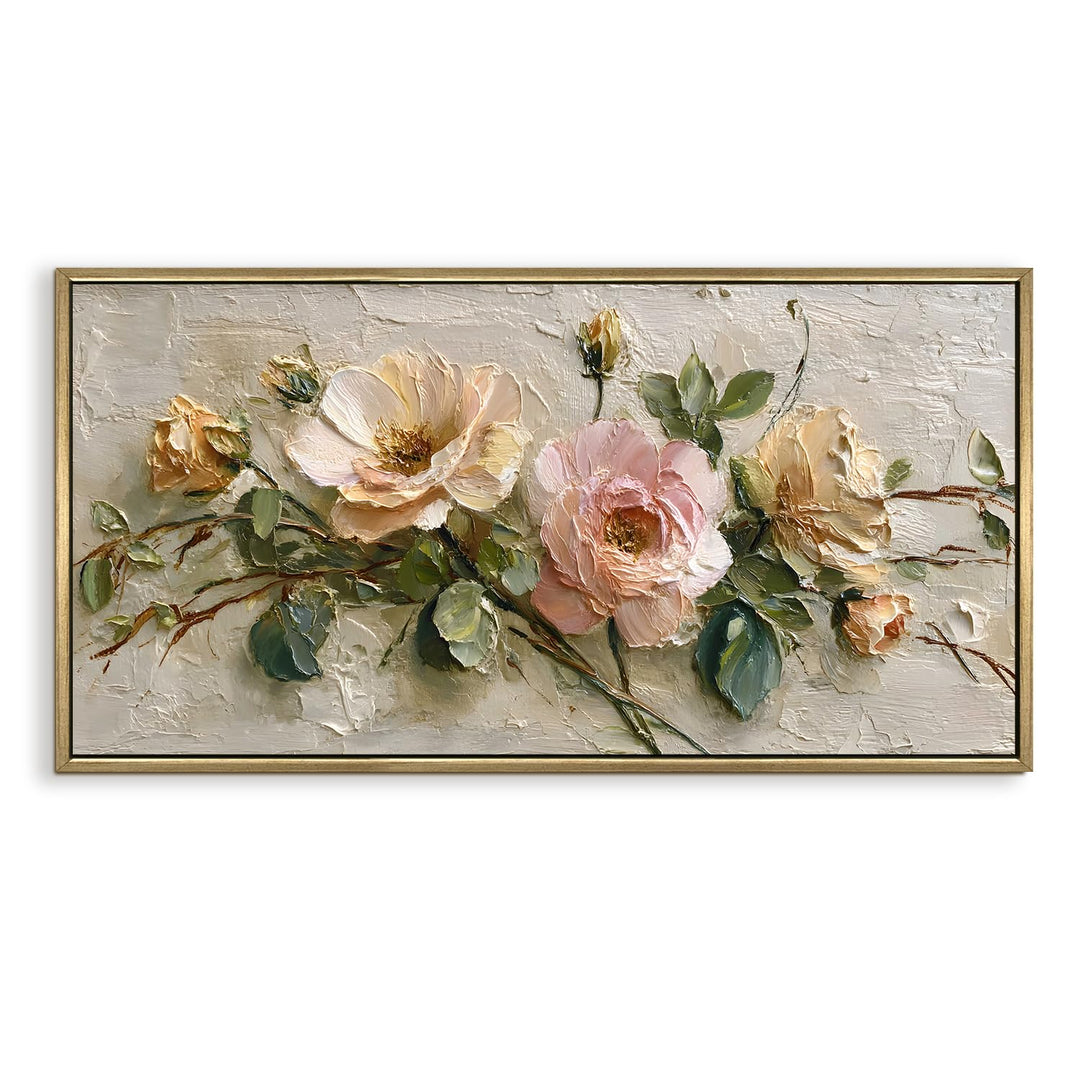Vintage Rose Floral Wall Art 24x48 Inch | Golden Floater Frame HD Canvas Print | Ready to Hang (FLOWA044)