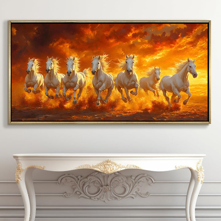 Seven Running Horses Wall Painting – Symbol of Prosperity, Success & Positive Energy | Premium Vastu Artwork for Home & Office Decor | Luxury Golden Floating Frame HD Canvas Print (24 Inch x 48 Inch) (VAWA79)
