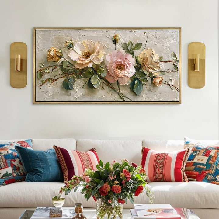 Vintage Rose Floral Wall Art 24x48 Inch | Golden Floater Frame HD Canvas Print | Ready to Hang (FLOWA044)