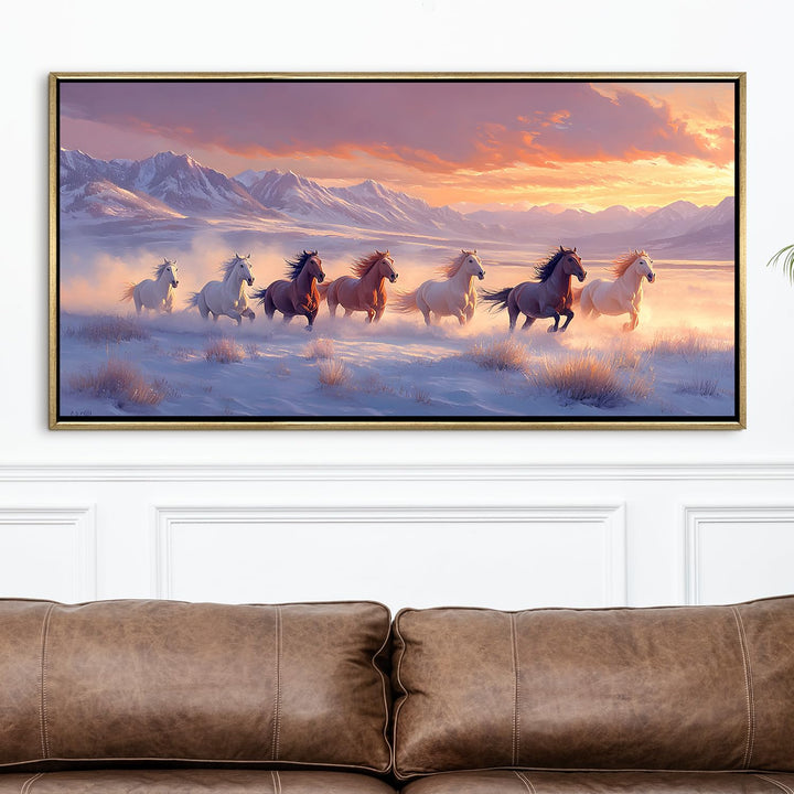 Seven Running Horses Wall Painting – Symbol of Prosperity, Success & Positive Energy | Premium Vastu Artwork for Home & Office Decor | Luxury Golden Floating Frame HD Canvas Print (24 Inch x 48 Inch) (VAWA80)