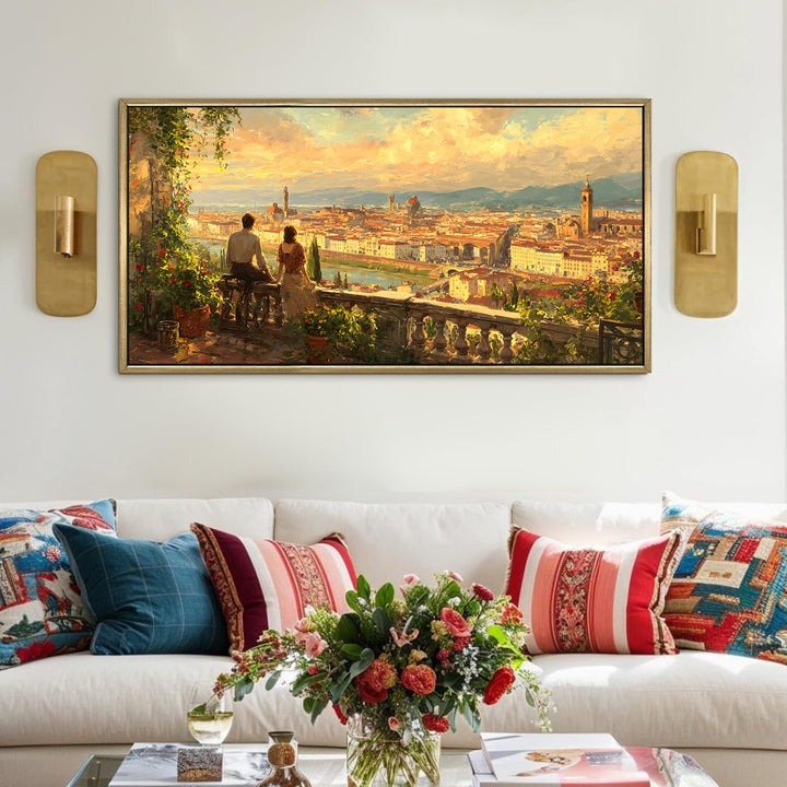 Florence Balcony at Sunset Wall Art, HD Canvas Print, Golden Floater Framed, Ready to Hang, (24 In x 48 In) (EURP-WA-34)