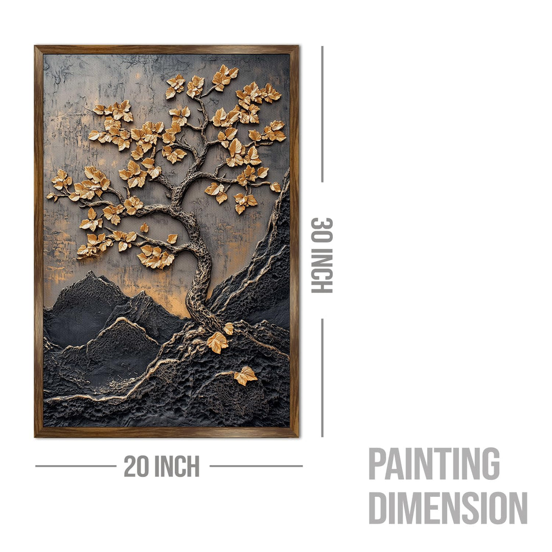 Abstract Golden Lucky Wish tree, HD Canvas Print, Framed, Ready to Hang. (20 In x 30 In) (LWISWA78)