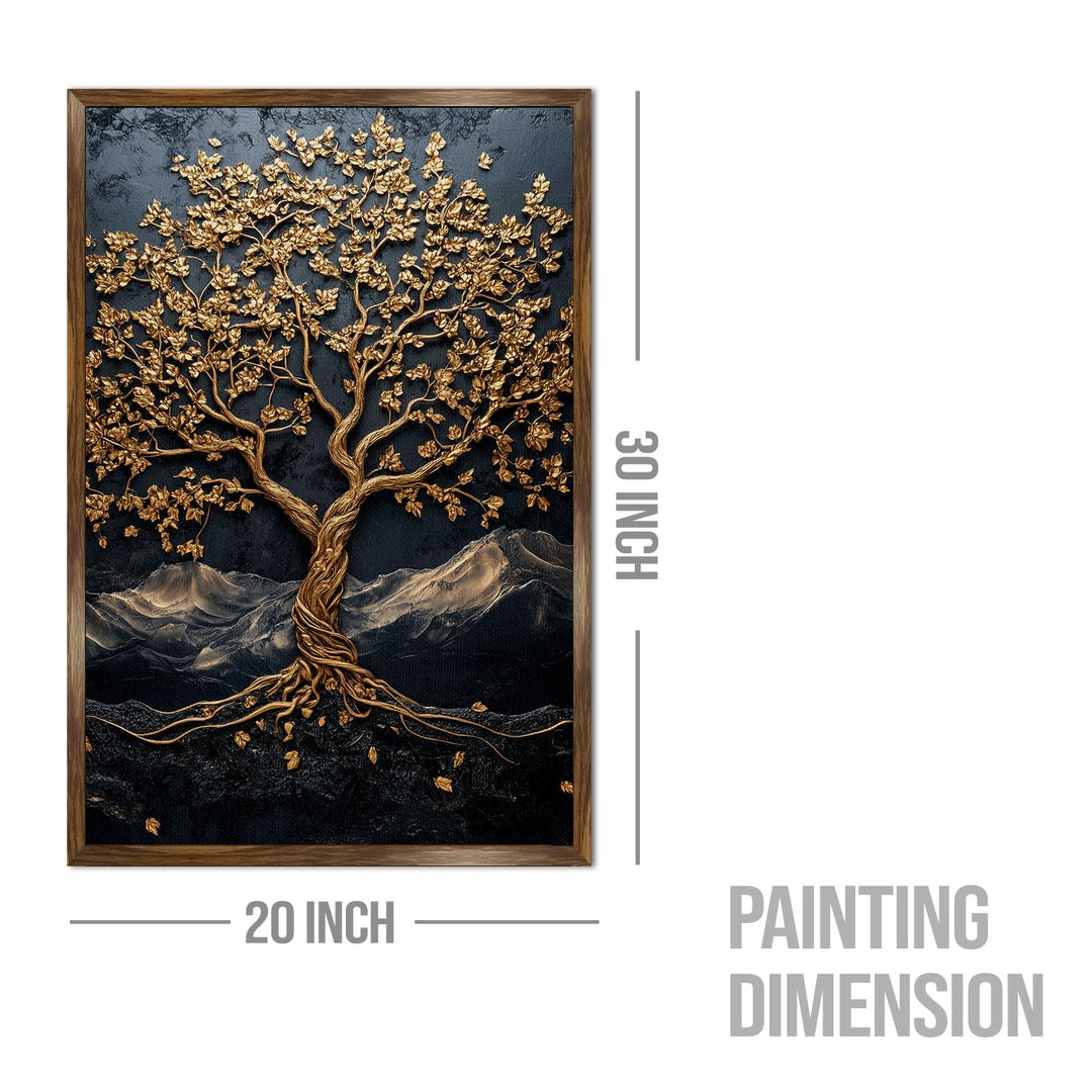 Abstract Golden Lucky Wish tree, HD Canvas Print, Framed, Ready to Hang. (20 In x 30 In) (LWISWA74)