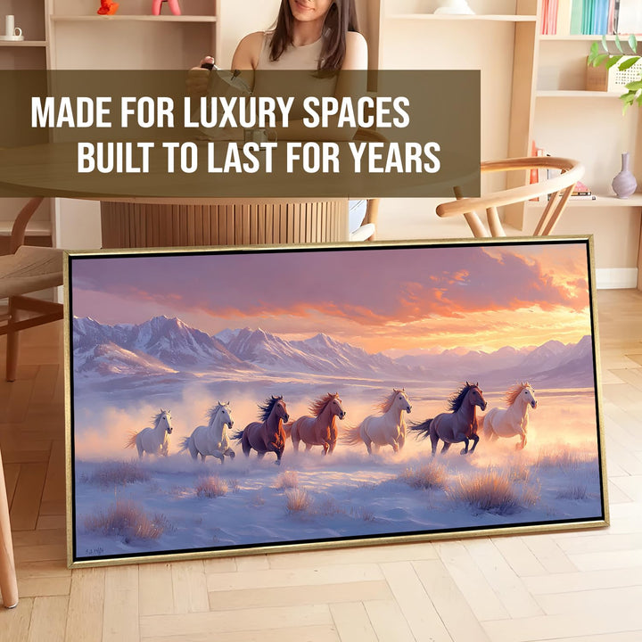 Seven Running Horses Wall Painting – Symbol of Prosperity, Success & Positive Energy | Premium Vastu Artwork for Home & Office Decor | Luxury Golden Floating Frame HD Canvas Print (24 Inch x 48 Inch) (VAWA80)