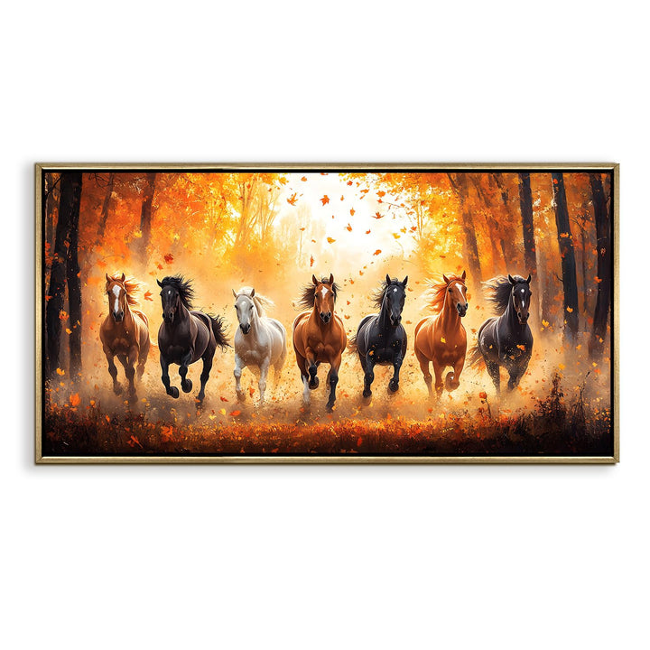 Seven Running Horses Wall Painting – Symbol of Prosperity, Success & Positive Energy | Premium Vastu Artwork for Home & Office Decor | Luxury Golden Floating Frame HD Canvas Print (24 Inch x 48 Inch) (VAWA81)