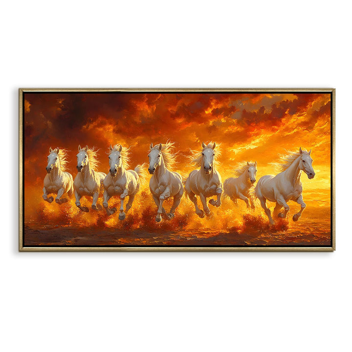 Seven Running Horses Wall Painting – Symbol of Prosperity, Success & Positive Energy | Premium Vastu Artwork for Home & Office Decor | Luxury Golden Floating Frame HD Canvas Print (24 Inch x 48 Inch) (VAWA79)