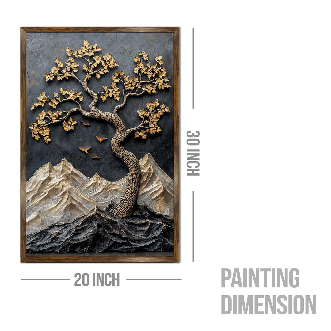 Abstract Golden Lucky Wish tree, HD Canvas Print, Framed, Ready to Hang. (20 In x 30 In) (LWISWA75)