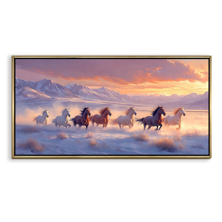 Seven Running Horses Wall Painting – Symbol of Prosperity, Success & Positive Energy | Premium Vastu Artwork for Home & Office Decor | Luxury Golden Floating Frame HD Canvas Print (24 Inch x 48 Inch) (VAWA80)