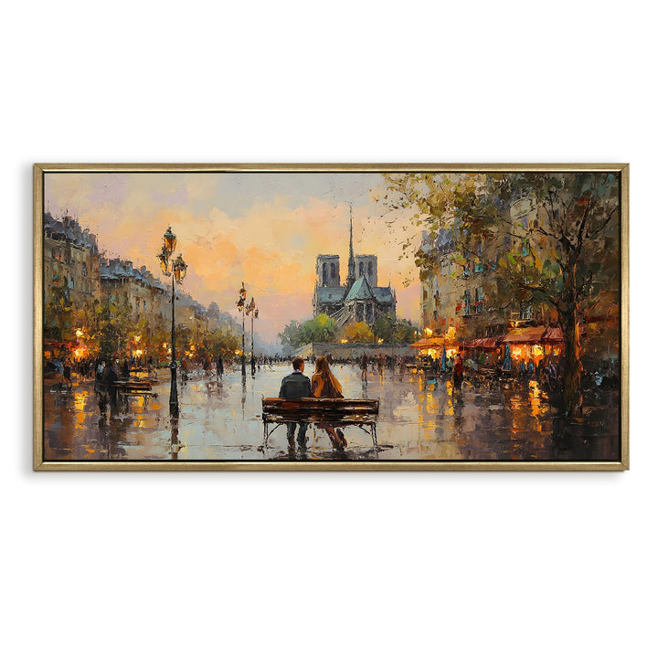 Paris Street Artist at Sunset Wall Art, HD Canvas Print, Golden Floater Framed, Ready to Hang, (24 In x 48 In) (EURP-WA-33)