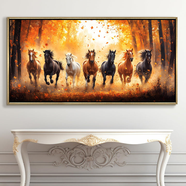 Seven Running Horses Wall Painting – Symbol of Prosperity, Success & Positive Energy | Premium Vastu Artwork for Home & Office Decor | Luxury Golden Floating Frame HD Canvas Print (24 Inch x 48 Inch) (VAWA81)