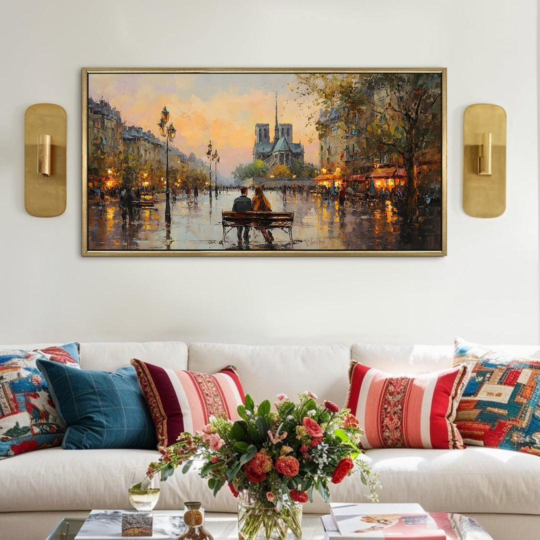 Paris Street Artist at Sunset Wall Art, HD Canvas Print, Golden Floater Framed, Ready to Hang, (24 In x 48 In) (EURP-WA-33)