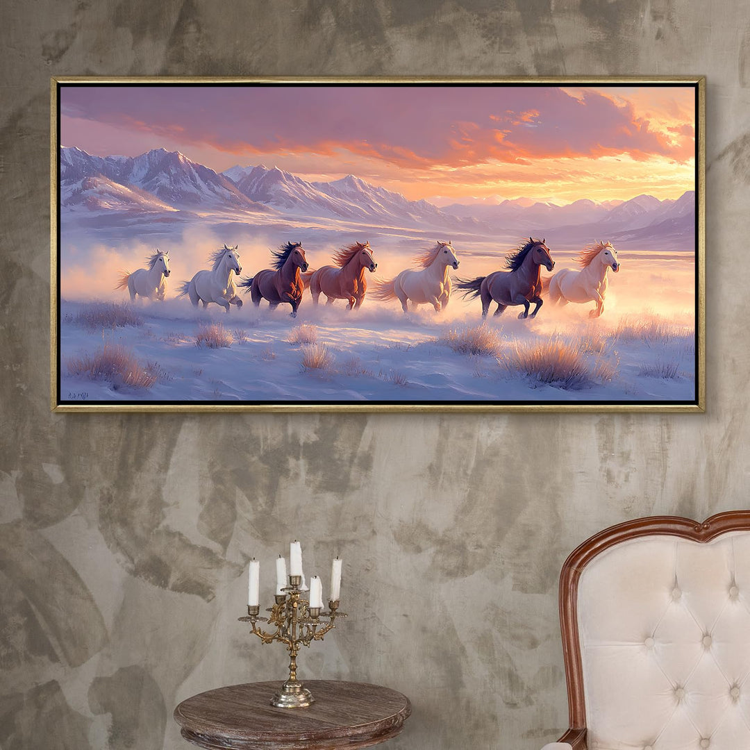 Seven Running Horses Wall Painting – Symbol of Prosperity, Success & Positive Energy | Premium Vastu Artwork for Home & Office Decor | Luxury Golden Floating Frame HD Canvas Print (24 Inch x 48 Inch) (VAWA80)