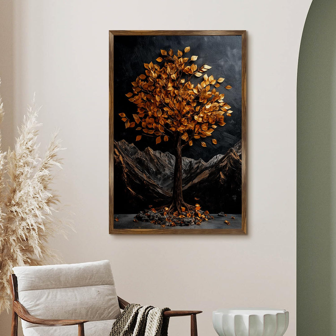 Abstract Golden Lucky Wish tree, HD Canvas Print, Framed, Ready to Hang. (20 In x 30 In) (LWISWA77)