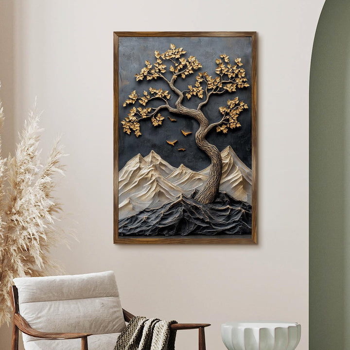 Abstract Golden Lucky Wish tree, HD Canvas Print, Framed, Ready to Hang. (20 In x 30 In) (LWISWA75)