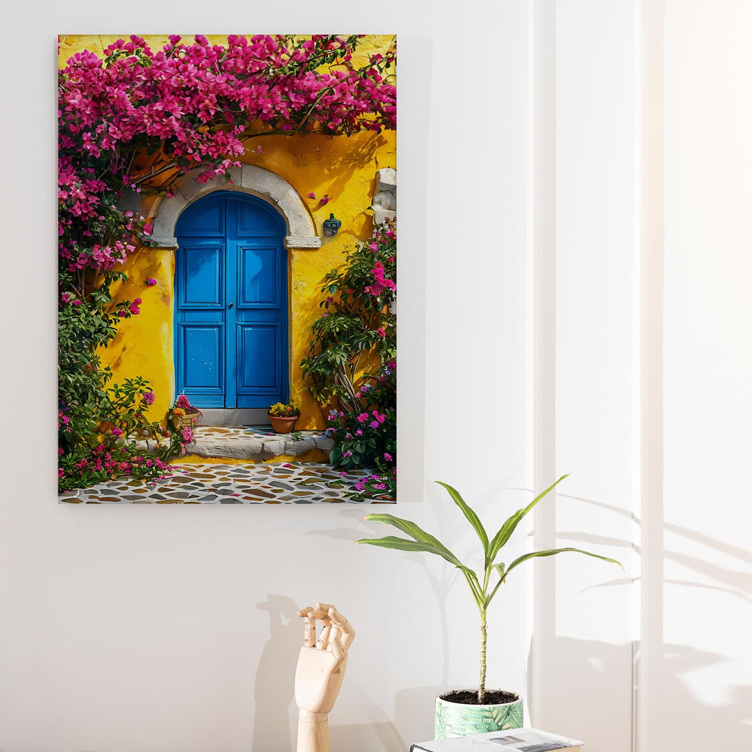 Mediterranean Door Floral Wall Art | Vibrant European Street Painting for Home Decor | HD Canvas Print | Ready to Hang (FLOWA038)