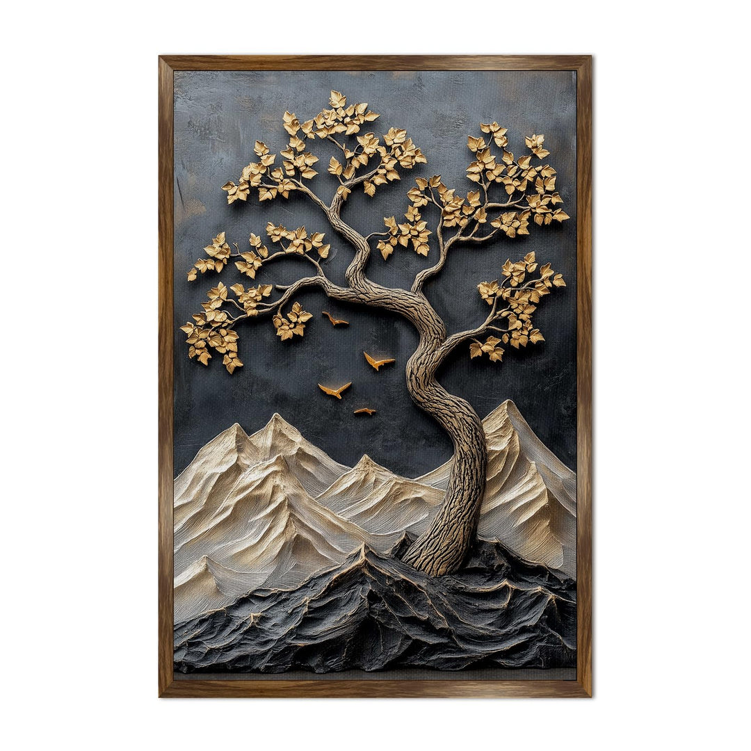 Abstract Golden Lucky Wish tree, HD Canvas Print, Framed, Ready to Hang. (20 In x 30 In) (LWISWA75)