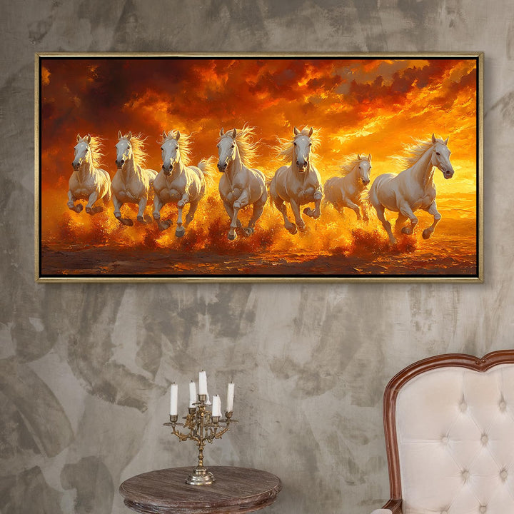 Seven Running Horses Wall Painting – Symbol of Prosperity, Success & Positive Energy | Premium Vastu Artwork for Home & Office Decor | Luxury Golden Floating Frame HD Canvas Print (24 Inch x 48 Inch) (VAWA79)