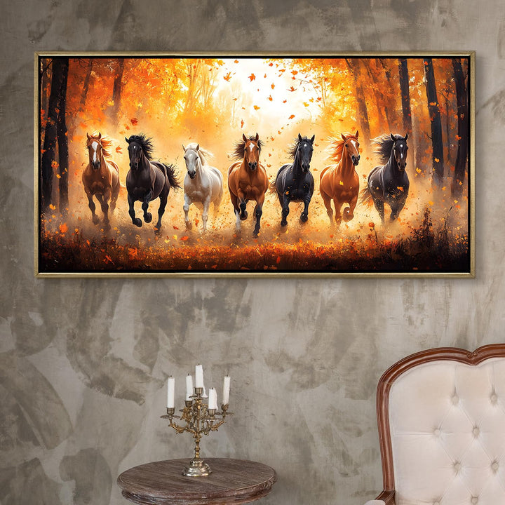 Seven Running Horses Wall Painting – Symbol of Prosperity, Success & Positive Energy | Premium Vastu Artwork for Home & Office Decor | Luxury Golden Floating Frame HD Canvas Print (24 Inch x 48 Inch) (VAWA81)