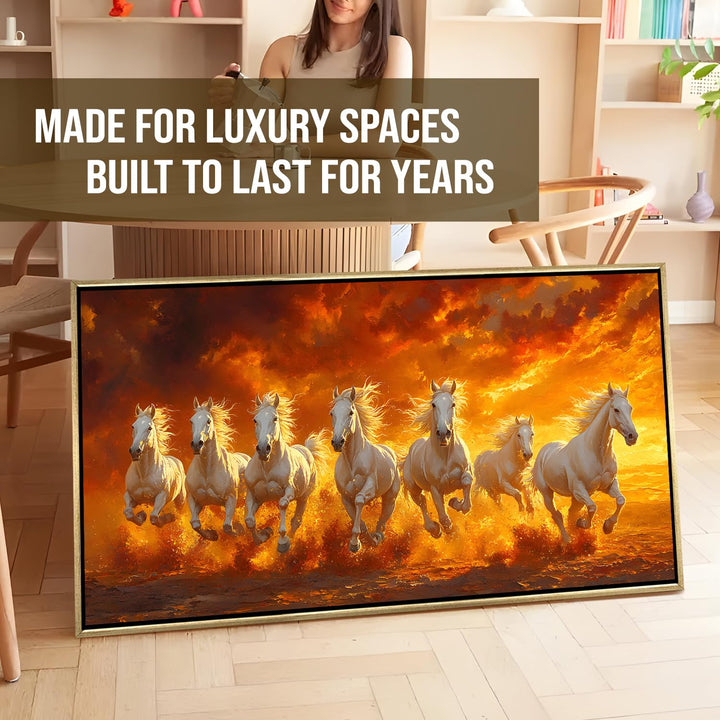 Seven Running Horses Wall Painting – Symbol of Prosperity, Success & Positive Energy | Premium Vastu Artwork for Home & Office Decor | Luxury Golden Floating Frame HD Canvas Print (24 Inch x 48 Inch) (VAWA79)