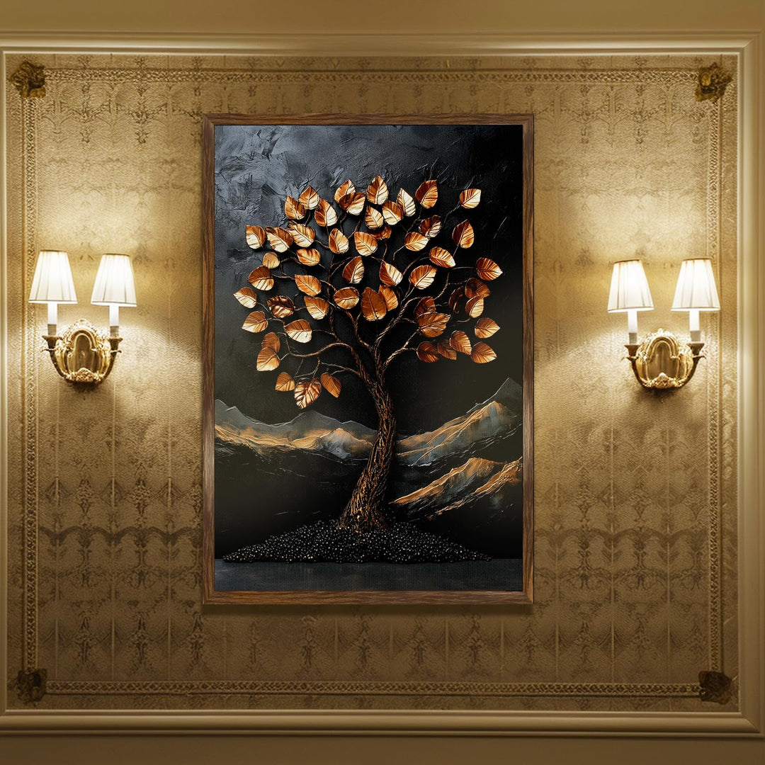Abstract Golden Lucky Wish tree, HD Canvas Print, Framed, Ready to Hang. (20 In x 30 In) (LWISWA76)